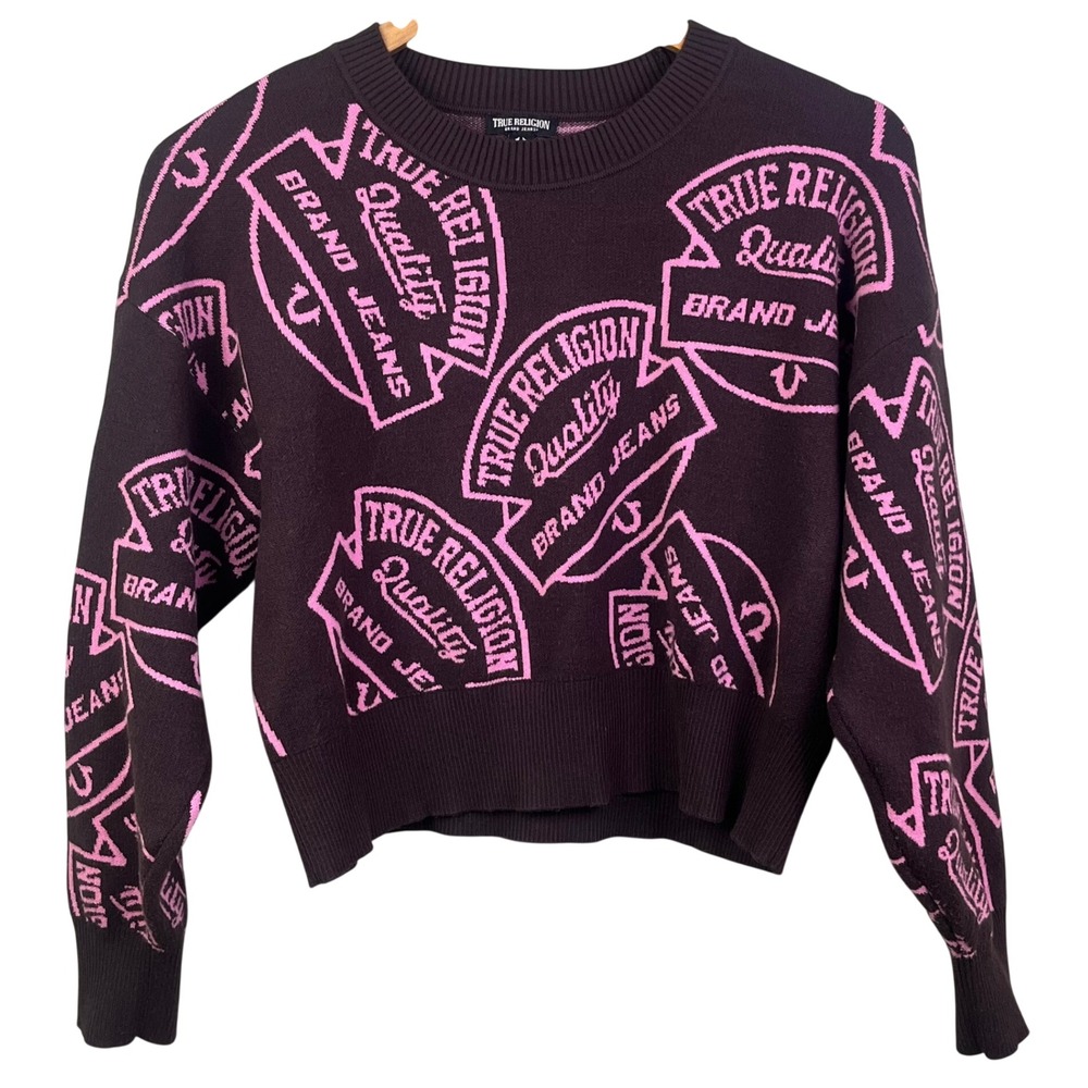 True Religion Brown Repeat Logo Graphic Jacquard Cropped Crewneck Sweater Large - Picture 2 of 7